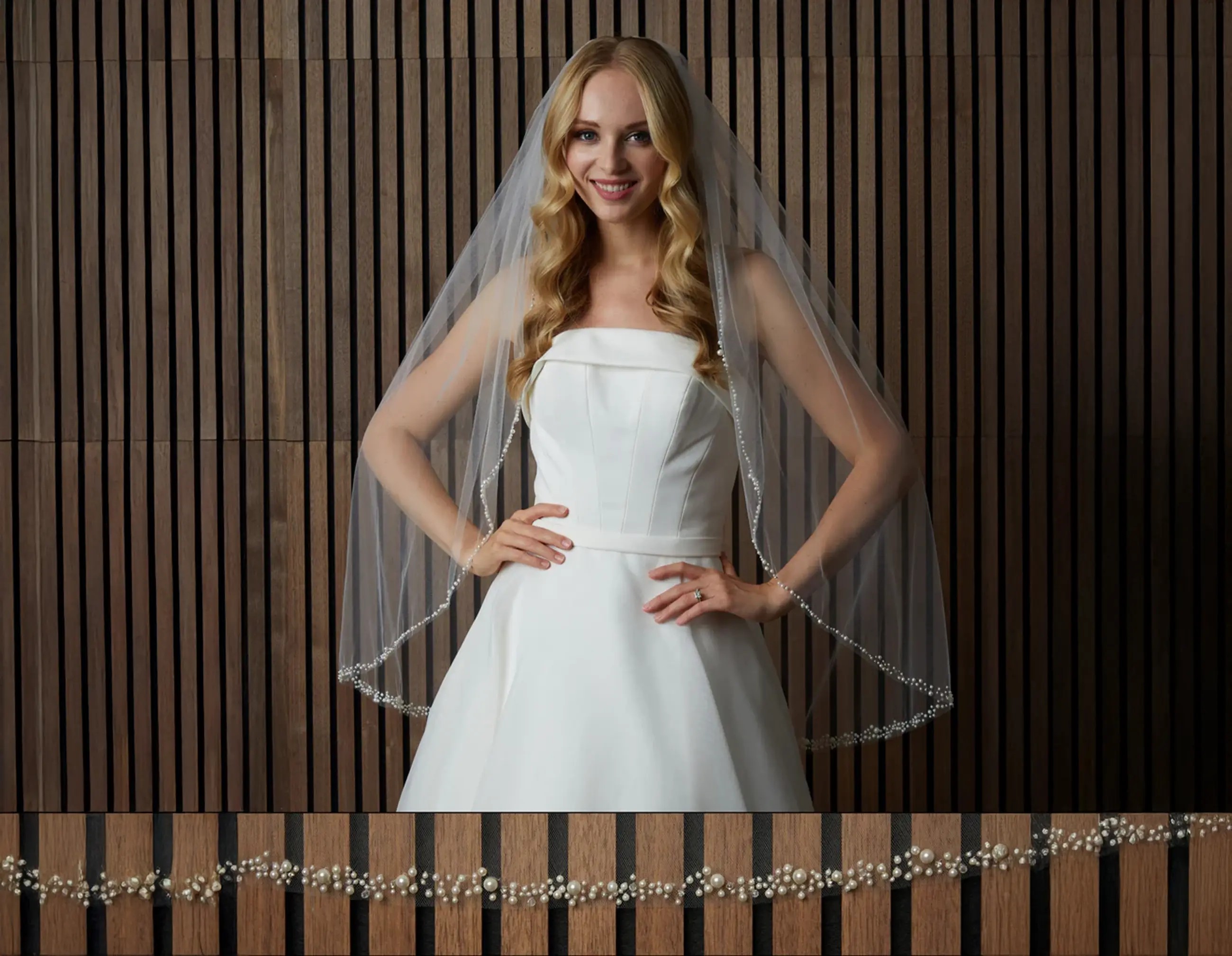 Model wearing Romantic Bridal Pearl Dress